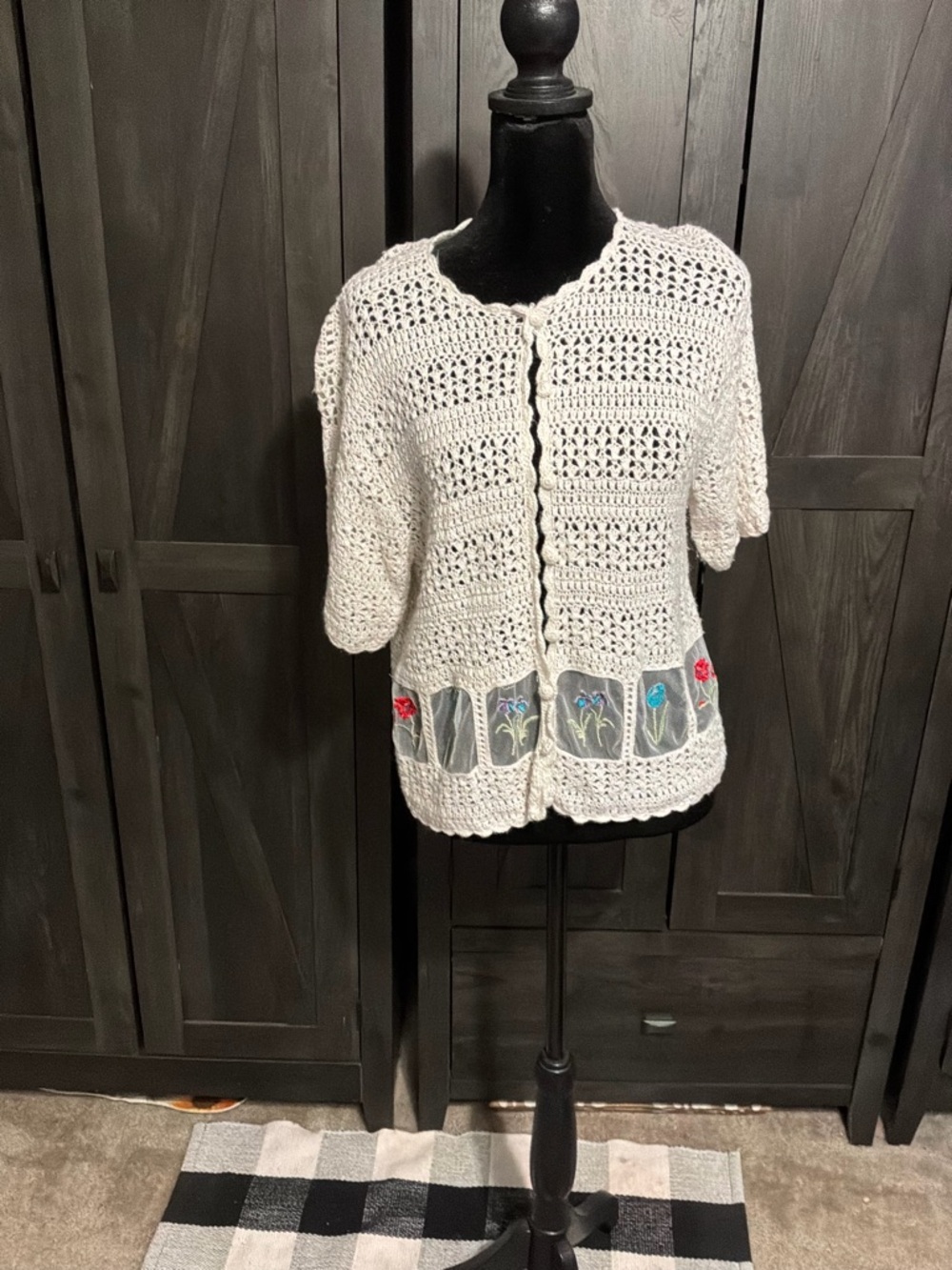 Teddi Cream Crochet Short-Sleeve Cardigan with Floral Trim